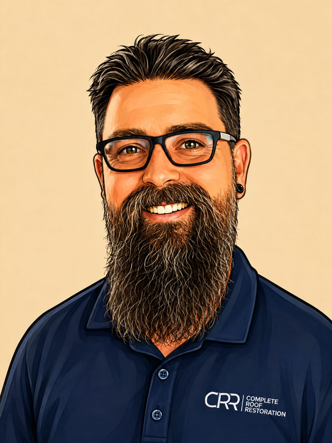 Cartoon portrait of Damo, Camberwell Potteries Roofing